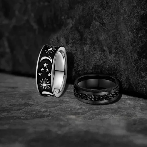 Vista 13 de LAOYOU Anillo giratorio para hombre para alivio de la ansiedad 0.315 in de acero inoxidable negro anillo de ansiedad con incrustaciones de cadena