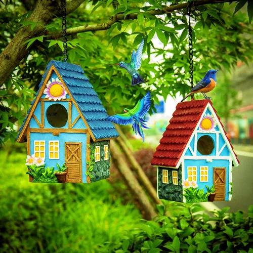 Vista 6 de Casa para pájaros de jardín para exteriores, colgar al aire libre, campestre, lindas casas de pájaros para pinzones de Wren, colibrí, árbol
