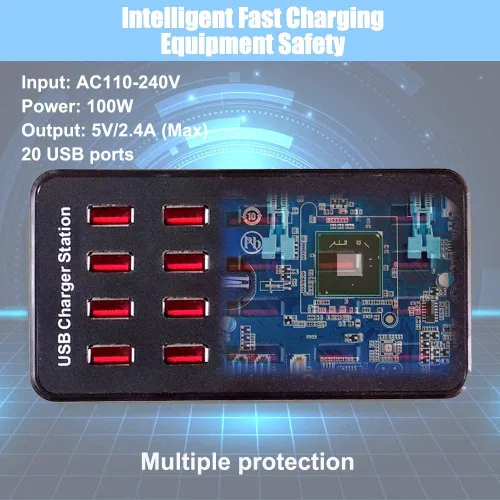 Vista 4 de MaxLax Estación de carga USB de 20 puertos, 100 W/20 A, compatible con teléfonos inteligentes, tabletas y otros dispositivos USB