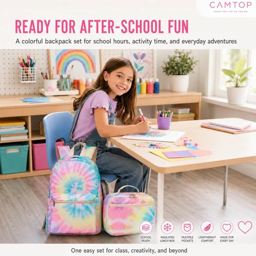 Vista 8 de CAMTOP – Juego de morral y lonchera para niñas de preescolar y primaria, Teñido amarillo., S, Viajar A-Tie Dye Amarillo