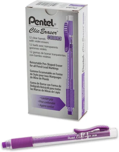 Vista 4 de Pentel Clic Colors - Borrador retráctil con agarre, barril verde lima, caja de 12 unidades (ZE23K)
