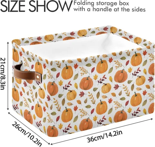 Vista 3 de Cesta de almacenamiento de calabaza de otoño Wamika con forro impermeable y asas de PU. Cajas de almacenamiento de hojas de arce de otoño.