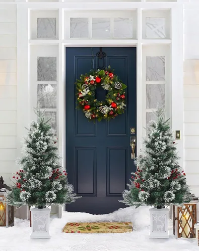 Vista 4 de Árbol de Navidad artificial preiluminado de 3 pies con luces, con base de copo de nieve, 78 luces LED, funciona con pilas, temporizador, fácil