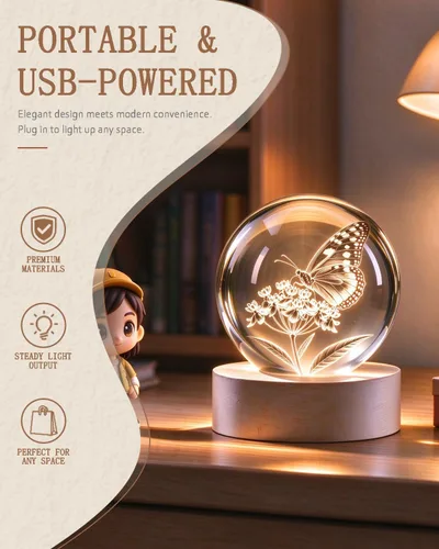 Vista 3 de Lámpara de mariposa, 2.36 pulgadas 3D K9 bola de cristal luz