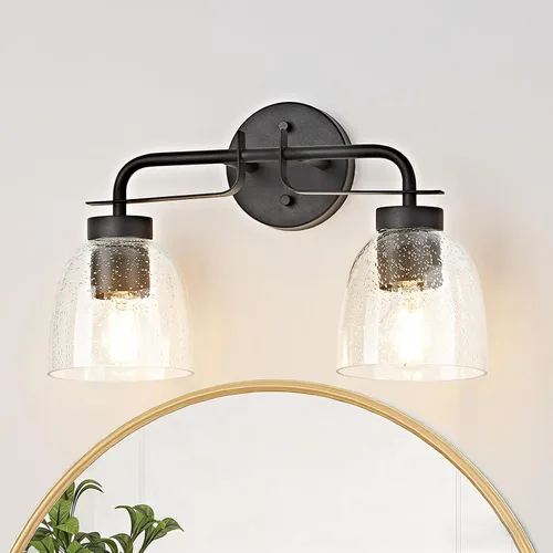 Vista 14 de Luces de tocador modernas de mediados de siglo de 16 pulgadas, lámpara dorada de 2 luces con pantallas de campana blancas esmeriladas, aplique