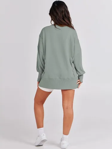 Vista 8 de ANRABESS Sudadera de gran tamaño para mujer, cuello redondo, manga larga, casual, con abertura, sin botones, ropa de otoño