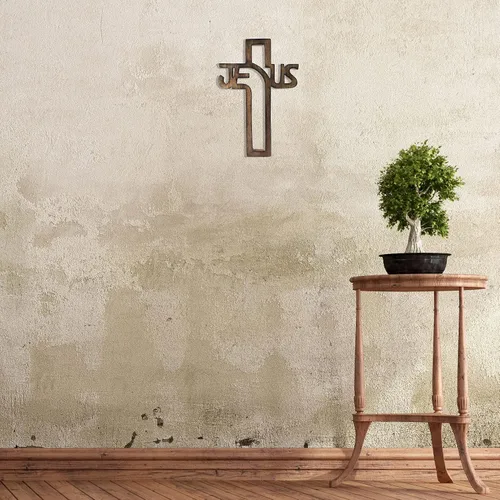 Vista 7 de Crucifijo de pared de madera hecho a mano con tallas a mano, cruz para regalos de bautismo, adorno colgante para decoración de pared e iglesia