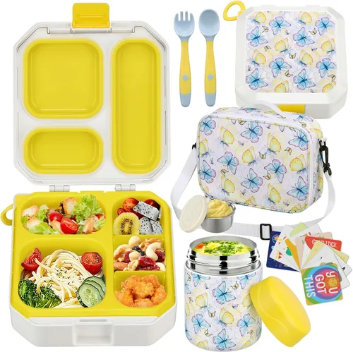 Vista 18 de wiwens - Lonchera Bento para niños con termo de sopa de 12 onzas, contenedor de comida para almuerzo a prueba de fugas con 5 compartimentos, termo