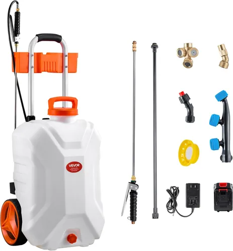 Vista 10 de VEVOR Pulverizador de mochila con batería de 4 galones con carro con ruedas, ajustable de 0-94 PSI, manguera de 13 pies, 6 boquillas, 2 varitas