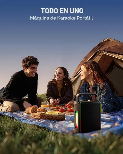 Vista 7 de Moukey MPS5 - Máquina de karaoke portátil, altavoz recargable de 200 W de potencia máxima con 2 micrófonos inalámbricos y correa, compatible con BT