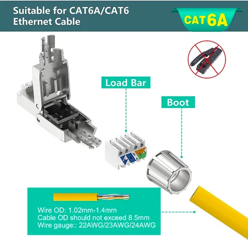 Vista 3 de VCELINK Conectores RJ45 Cat6A sin herramientas, tapones de terminación Ethernet blindados reutilizables para cable SFTP UTP de 23 AWG, enchufe