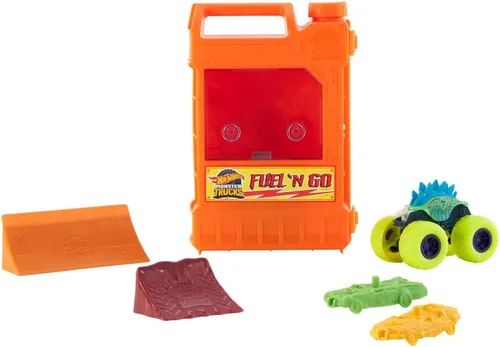 Vista 2 de Hot Wheels Monster Trucks Repostaje y pista de arranque para automóviles de juguete con bote de gas, incluye 2 vehículos, 4 años (HXT04)