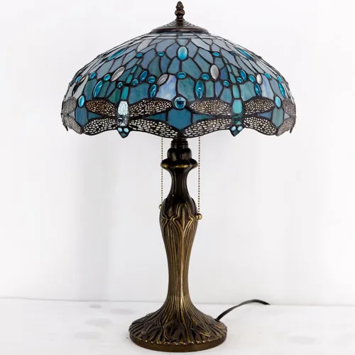 Vista 3 de WERFACTORY Tiffany Lámpara de mesa de noche de cristal azul mar, lámpara de mesa estilo libélula luz de lectura de escritorio, base de metal, 16 x