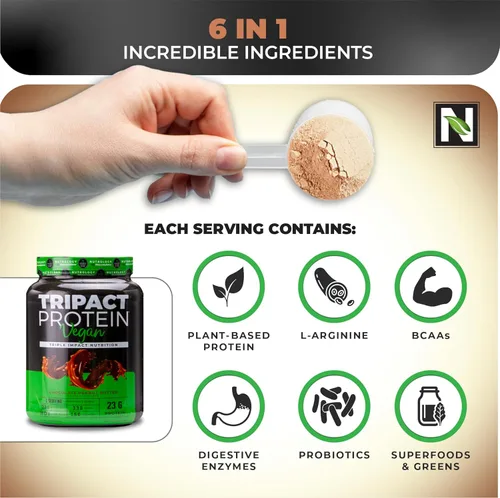 Vista 4 de Nutrology TRIPACT Proteína vegana en polvo – Proteína orgánica de guisantes, arroz y calabaza, BCAA y glutamina, batidos sustitutivos de comidas a