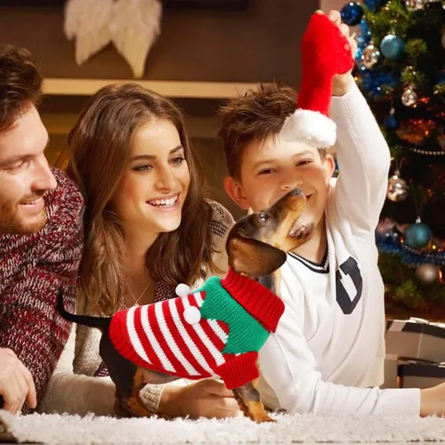 Vista 6 de 2 piezas de suéter de Navidad para cachorros, ropa de cuello alto de punto para gatos, disfraces de elfo de Navidad, ropa cálida para perros, suéter