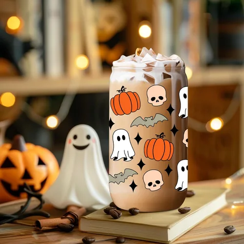 Vista 7 de Coolife Taza de otoño de calabaza y fantasma de Halloween – Taza de otoño de calabazas de 16 onzas, vaso de vidrio para café helado, tazas de vidrio