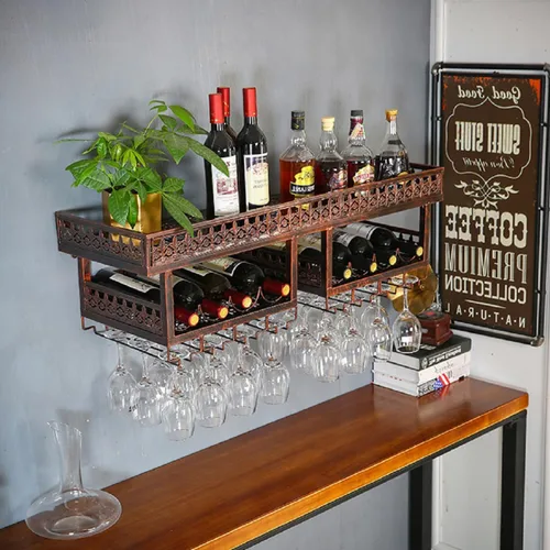 Vista 9 de Gdrasuya10 Estante de metal grande para vino montado en la pared, estantes de vino con soporte para copas de vino, soporte para botellas de vino