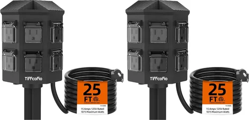Vista 10 de TiFFCOFiO Tira de alimentación para exteriores resistente a la intemperie, cable de extensión de 15 pies con estaca, 6 tomas de tierra