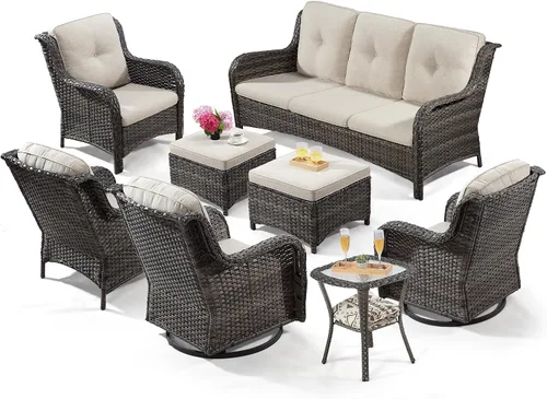 Vista 20 de Juego de 2 sillas de patio giratorias de 360 grados para exteriores y mesa auxiliar a juego – 3 sillas deslizantes de mimbre para patio con cojines