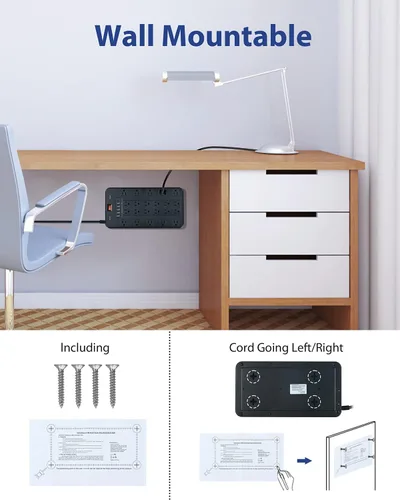Vista 4 de FDTEK - Tira de alimentación con protección contra sobretensiones, 22 tomas de corriente alterna con 6 USB (1 USB-C), cable de extensión de 6.5