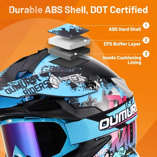 Vista 3 de OUMURS DOT Casco de Dirt Bike para Adultos con Gafas, Guantes y Máscara, Visera Solar Ajustable, Casco de Motocicleta ATV Todoterreno Motocross