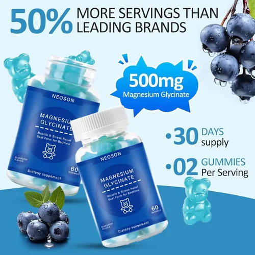 Vista 4 de Gomitas de glicinato de magnesio de 500 mg, sin azúcar para adultos y niños, gomitas de magnesio para dormir, alivio del estrés y muscular, apoya