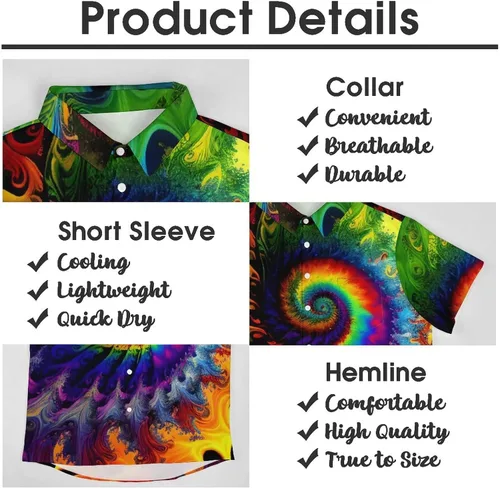Vista 5 de Liohans Camisa hawaiana misteriosa psicodélico de arco iris con bolsillo de solapa y botones