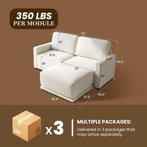 Vista 2 de Sofá modular de 79 pulgadas para sala de estar pequeña, sofá moderno en forma de L con otomana, juego de sofá de felpilla de 3 piezas para muebles