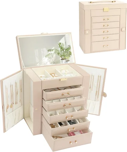 Vista 7 de V-LAFUYLIFE Caja de almacenamiento de joyas, organizador de joyas con 22 ganchos para collares, caja de joyería grande para anillos, pulseras
