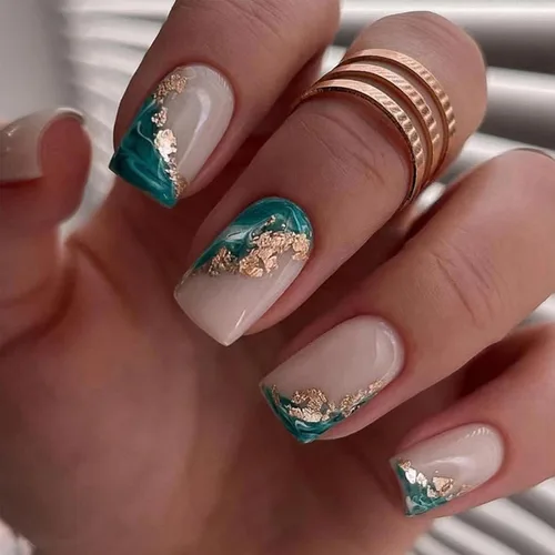 Vista 14 de Uñas postizas verdes a presión - Uñas falsas cortas cuadradas con purpurina dorada y diseños de remolino, acabado brillante, uñas postizas acrílicas