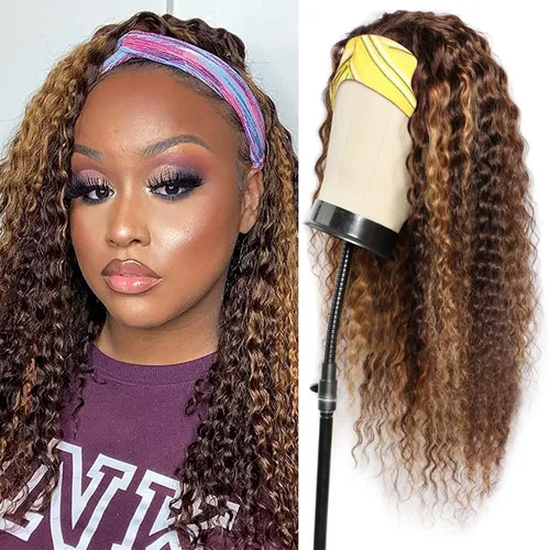 Vista 43 de Peluca de cabello humano con diadema de ondas profundas, sin pegamento, pelucas de cabello rizado sin encaje frontal, pelucas de cabello humano