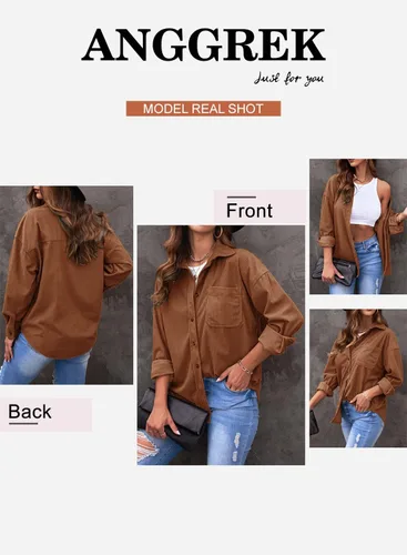 Vista 4 de Camisa de pana para mujer, blusa de gran tamaño, con botones, manga larga, cuello de solapa, camisas para mujer