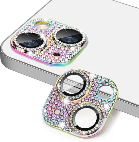 Vista 25 de Protector de lente de cámara para iPhone 13 & iPhone 13 Mini, brillante con diamantes de imitación 3D con purpurina, cubierta de cámara de vidrio