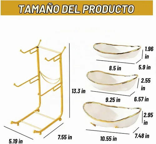 Vista 2 de jessie Cuencos de frutas de 3 niveles para encimera de cocina, soporte de cerámica grande para cestas de frutas, bandeja de metal para servir Dorado
