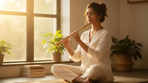 Vista 3 de Flauta de bambú de madera india auténtica de 14 pulgadas en clave "B", grabador de instrumentos musicales de viento de madera, Bansuri tradicional