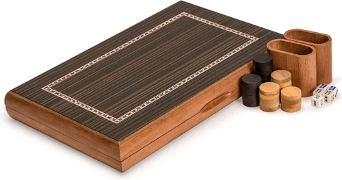 Vista 3 de Set de juego de backgammon lacado con incrustaciones de madera en blanco y negro, 13 pulgadas (versión inglés)