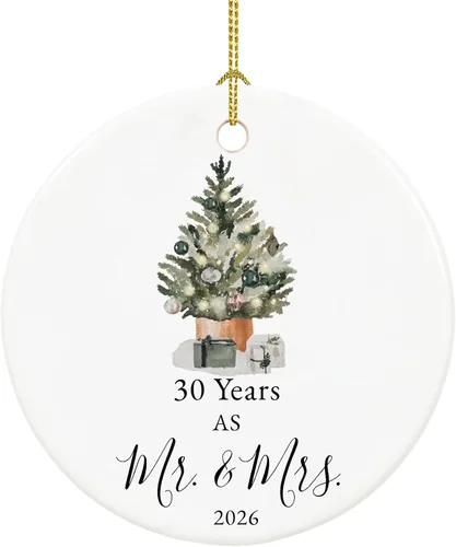 Vista 15 de Adorno de primer aniversario para parejas, recuerdo de boda para 1 año como Sr. y Sra., adorno de Navidad de cerámica con cinta y caja
