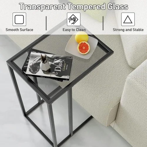 Vista 4 de Mesa auxiliar en forma de C, mesa auxiliar pequeña para sofá, mesa auxiliar de vidrio templado con marco de metal para espacios pequeños, sala