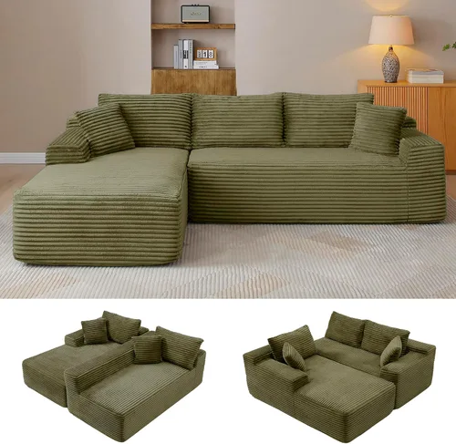 Vista 16 de Sofá modular en forma de L de 108 pulgadas, sofá modular sin hueso para sala de estar, cómodo sofá esponjoso de pana con asiento profundo Camel