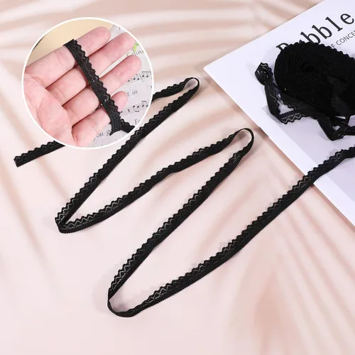 Vista 3 de Ribete de encaje negro de 10 yardas, cinta de encaje de ganchillo de 0.39 pulgadas para manualidades, cordones elásticos anchos para decoración