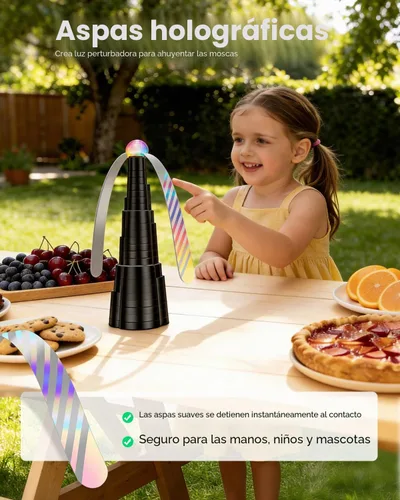 Vista 3 de Ventiladores de mosca para mesas, ventilador de mesa recargable con luz LED, giratorio de mosca con cuchillas holográficas suaves para picnic
