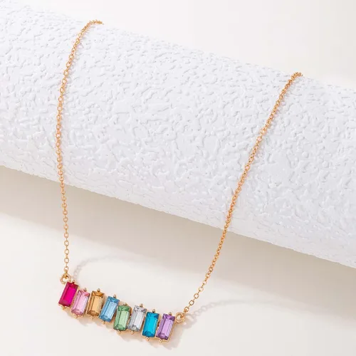 Vista 3 de Collar de cristal colorido rectangular con colgante de cristal, collar de piedra curativa de arco iris, cadena geométrica dorada, collar