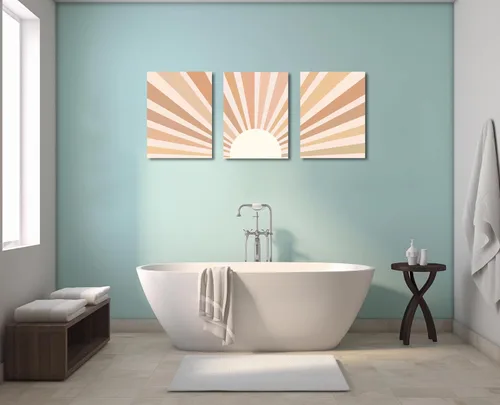 Vista 5 de YokiMino Juego de 3 arte bohemio para pared, lienzo enmarcado moderno de mediados de siglo, diseño de líneas geométricas de naturaleza para sala