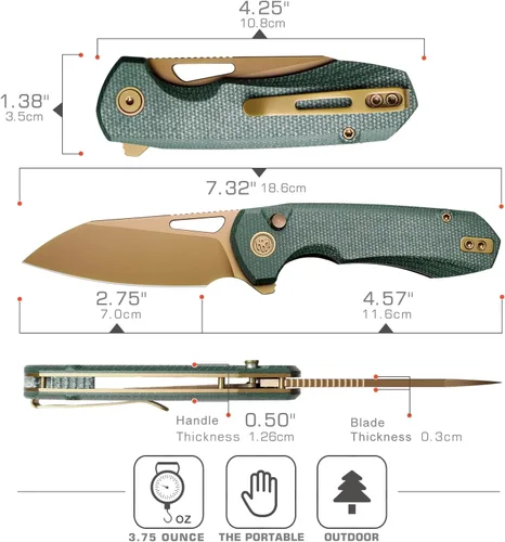 Vista 2 de RT-CAMEL - Cuchillo de bolsillo plegable, cierre con forro de botón, hoja de acero 14C28N de 3.1 pulgadas, cuchillo EDC con mango de micarta