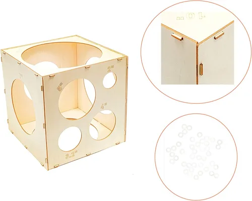 Vista 4 de Cubo de medición de globos de madera ensamblable de 9 agujeros, caja de medición de herramientas para fiestas, cumpleaños, decoraciones de boda