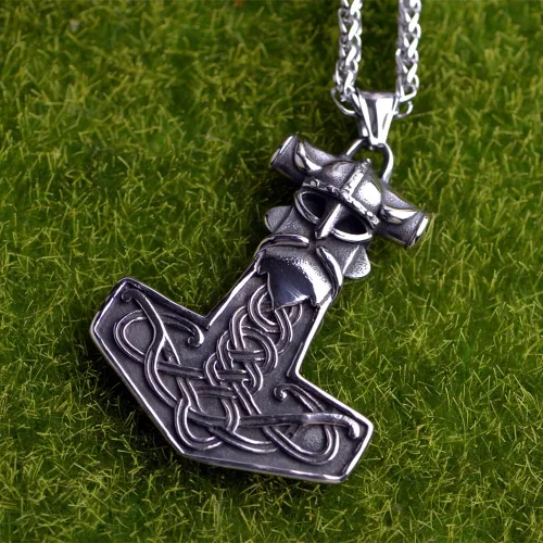 Vista 3 de LANGHONG Collar de martillo de Thor vikingo nórdico Mjolnir para hombre, joyería de talismán