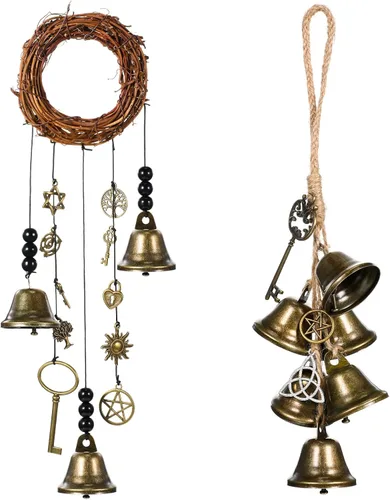 Vista 7 de Jetec 2 piezas de campanas de bruja para proteger las puertas, campanas de viento de bruja, corona hecha a mano para decoración de puerta del hogar