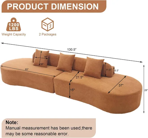 Vista 2 de Sofá modular curvado de 130.5 pulgadas para sala de estar, sofá de espuma sin hueso de 4 plazas con 3 almohadas, sofás de compresión para Marrón