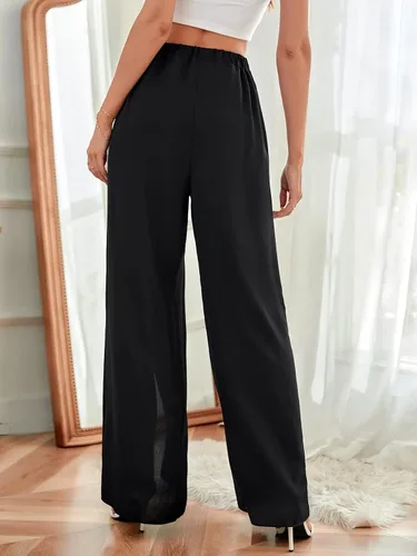 Vista 2 de WDIRARA Pantalones largos para mujer con cintura elástica dividida, pierna ancha, lazo frontal