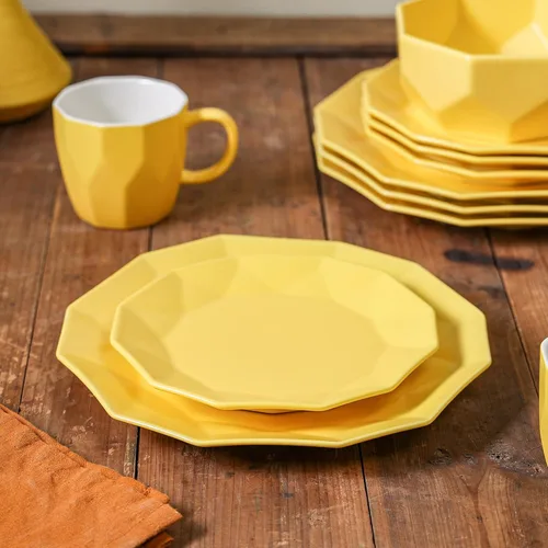 Vista 13 de Stone + Lain Jamie - Juego de vajilla geométrica de porcelana de 16 piezas, color verde Amarillo